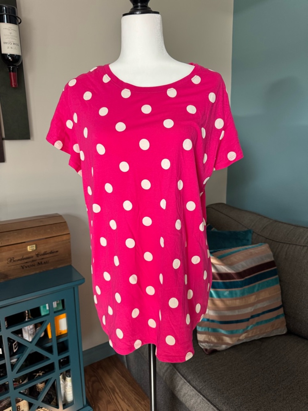 Polka Dot Crewneck Tee - Hot Pink & White